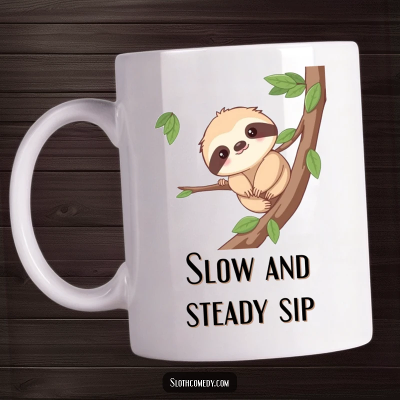 Funny mug featuring a cute sloth character gently inching along a branch with a determined, yet slow, smile. A relatable and humorous design.