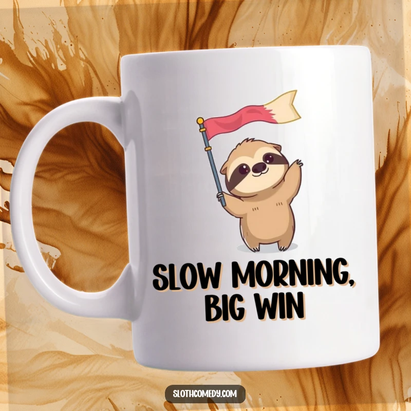 Funny mug featuring a sloth character slowly waving a comically oversized flag, representing patience and laid-back humor.