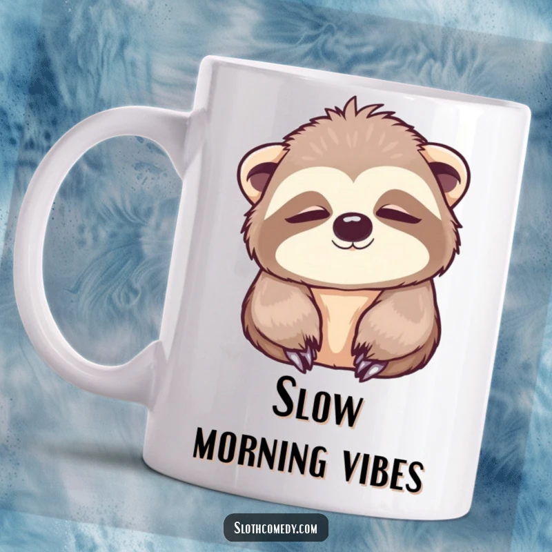 Funny Mug with a kawaii sloth slowly blinking with wide, peaceful eyes, radiating ultimate relaxation and slow vibes.