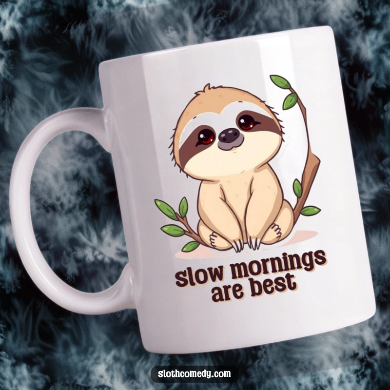 Funny Sloth Mug with a curious head tilt, observing its surroundings with wide, endearing eyes, perfect for slow mornings.