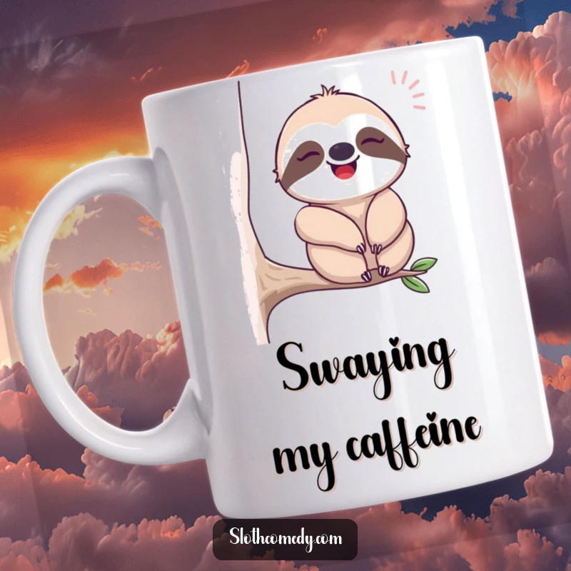 Funny mug showing a sloth joyfully sighing while gently swaying from a branch, embodying pure relaxation and contentment.