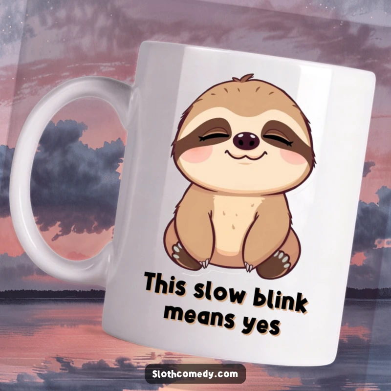 Funny Mug featuring a sloth with a comically slow blink, eyes half-closed, looking utterly content and peaceful in its serene expression.