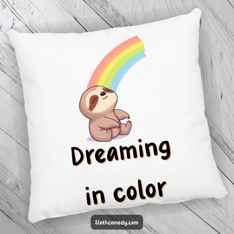 Funny Pillow featuring a sloth looking blissfully at a beautiful rainbow, offering plush comfort and hopeful vibes.
