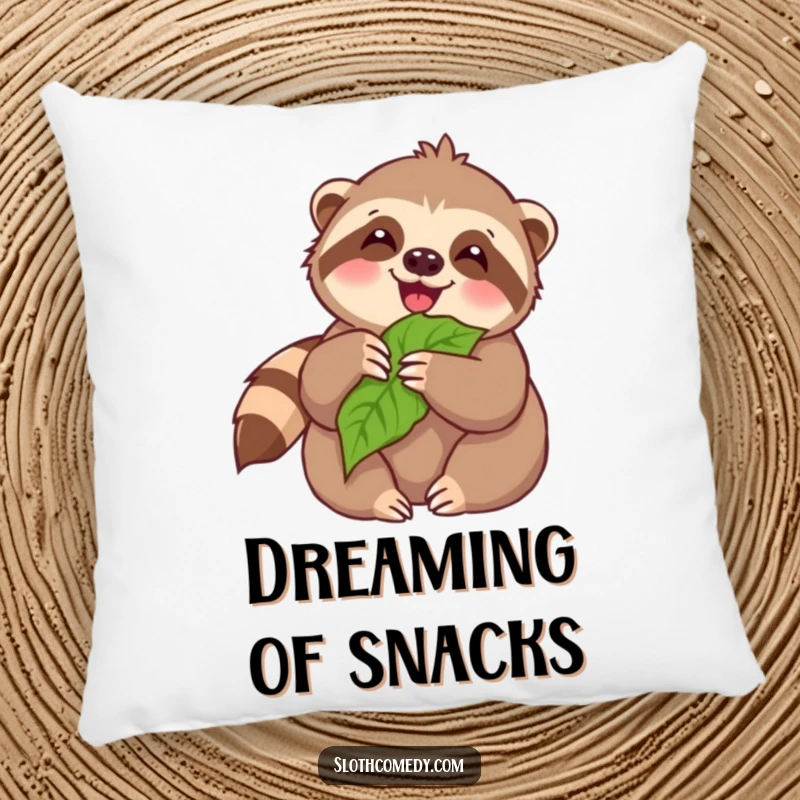 Funny Pillow: Cute kawaii sloth joyfully munching on a leaf, offering comfort and a touch of happy sloth humor.