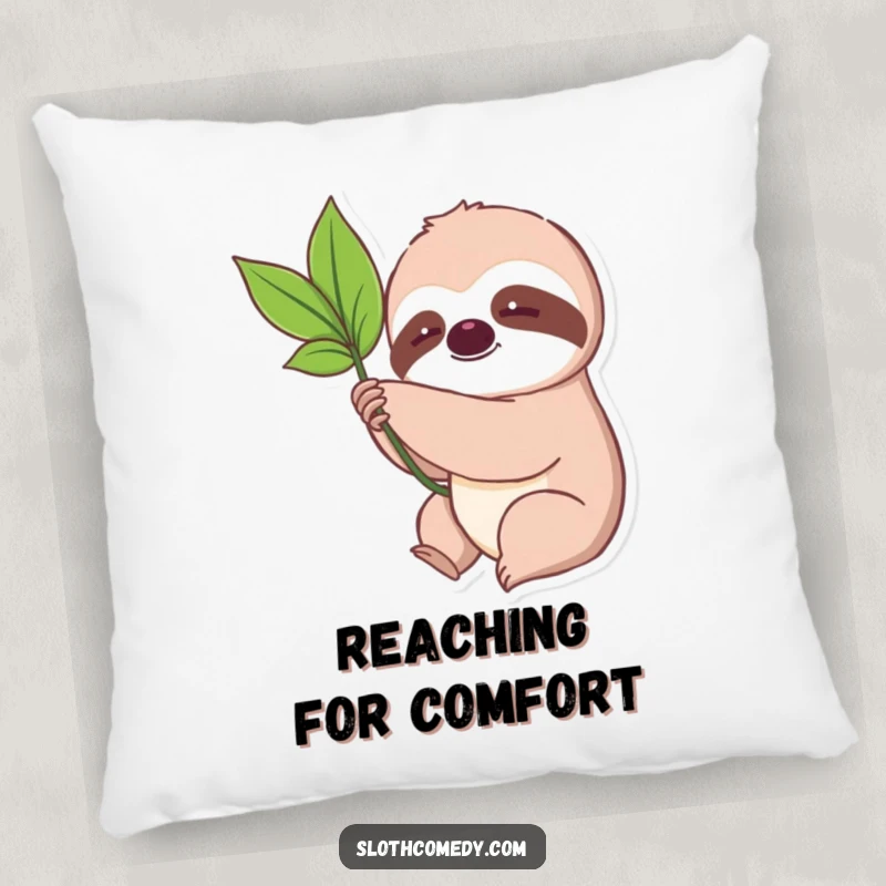 Funny Kawaii Sloth Leaf Pillow with a cute sloth slowly reaching for a leaf, offering comfort and humorous patience.
