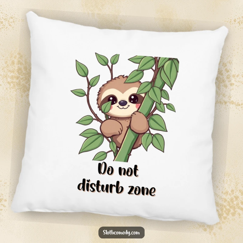 Funny kawaii sloth pillow with a sloth peeking from behind a vine, offering humorous comfort and playful charm.