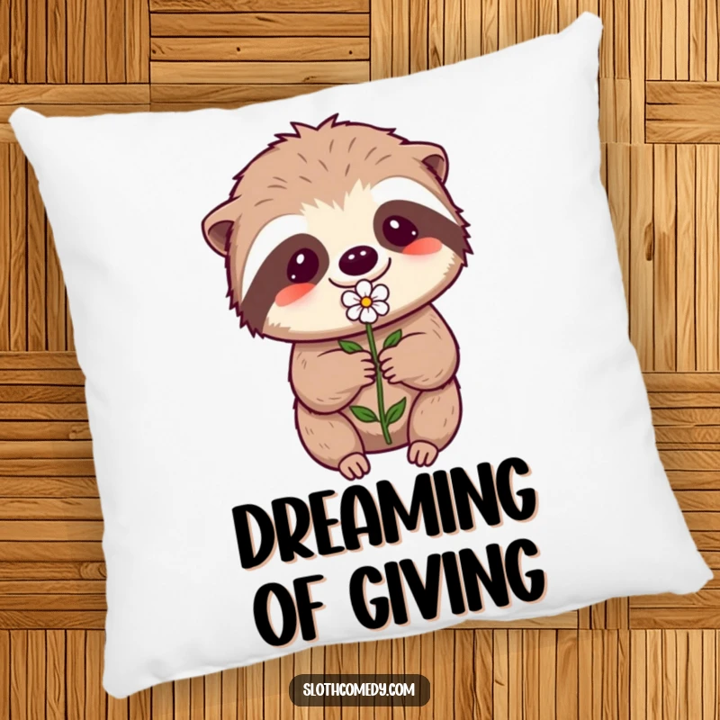 Funny Kawaii Sloth Pillow: A sloth makes a humorous effort to offer a flower, providing soft comfort.