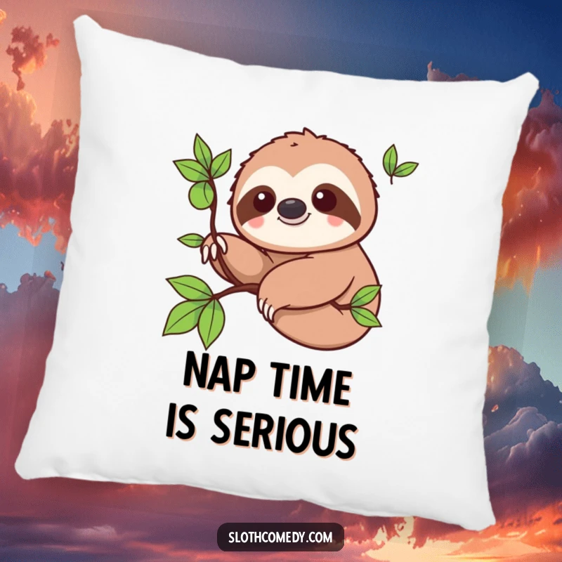 Funny Pillow: Cute kawaii sloth smiling while slowly extending a branch, offering comfort and a touch of sloth humor.