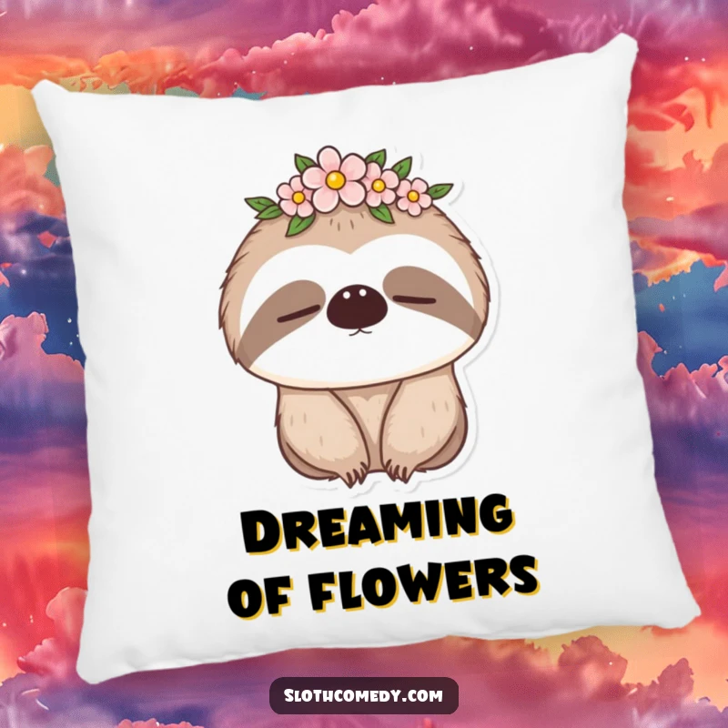 Funny pillow featuring a cute, sleepy sloth with a flower crown, perfect for snuggling and adding humor, a funny gift.
