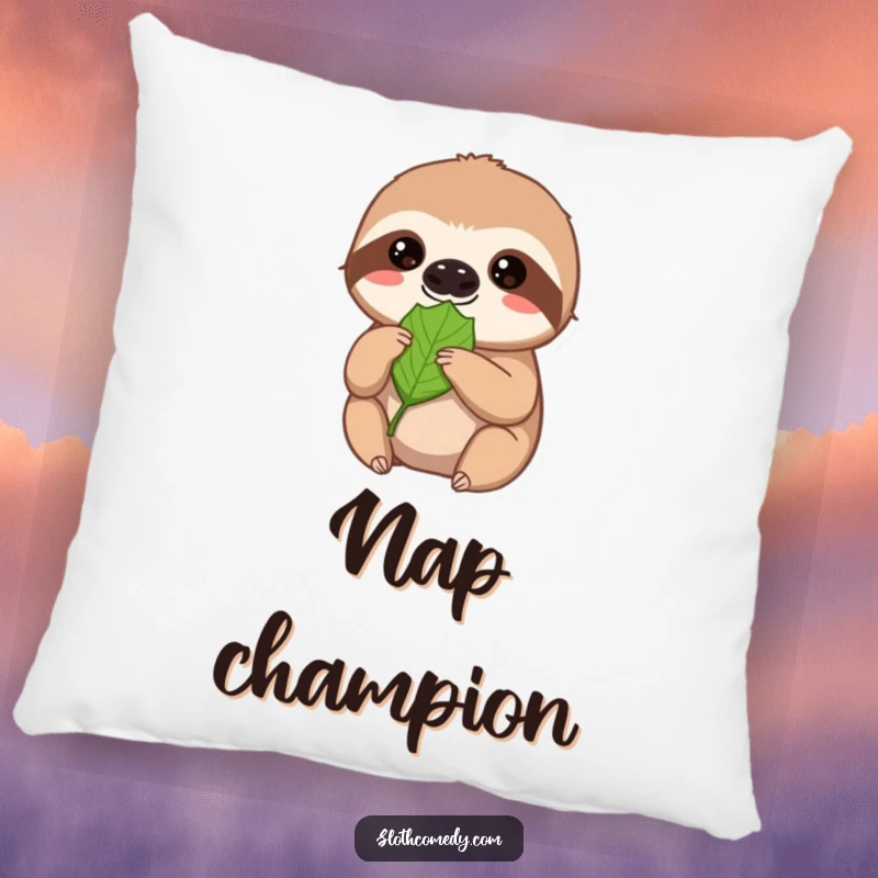Funny sloth pillow, a sweet sloth offers a leaf with extreme patience and a soft gaze, perfect for cozy comfort.