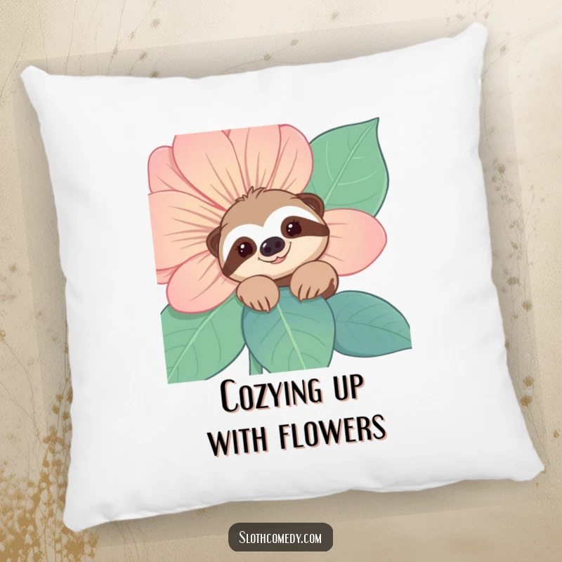 Funny Sloth Pillow: A smiling sloth character peeks from behind a large flower, adding a humorous and charming touch to any cushion.
