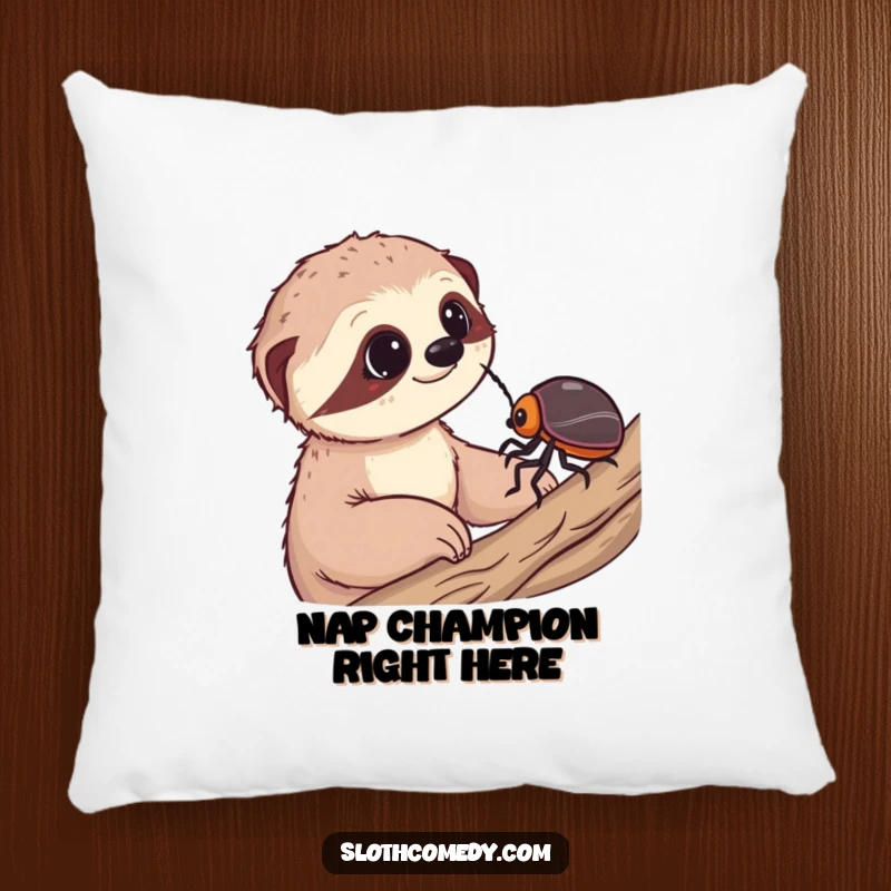 Funny pillow featuring a sloth in a state of gentle wonder, watching a slow beetle, perfect for adding humorous decor.