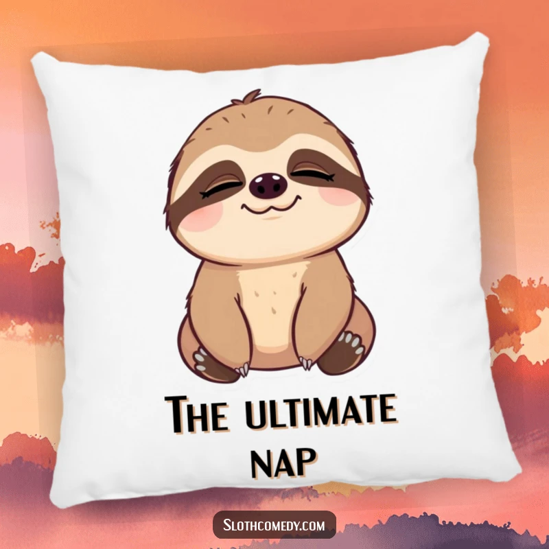 Funny Pillow decorated with a sloth mid-slow blink, eyes expressing deep satisfaction and utter contentment, perfect for relaxation.