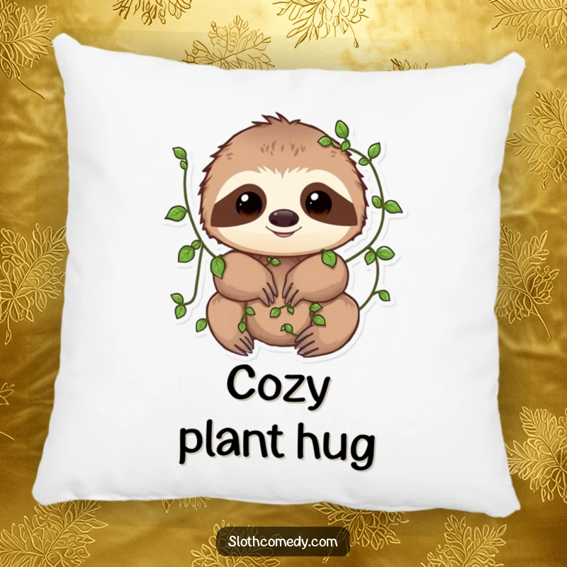Funny Pillow decorated with a sloth adorned with small vines playfully wrapped around its limbs, embodying natural tranquility and charm.