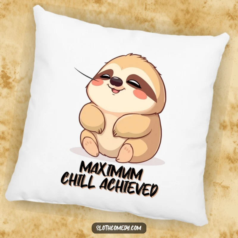 Funny pillow with a chubby sloth character, eyes closed in relaxation, enjoying a gentle breeze, bringing humor and comfort.