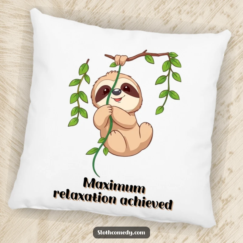 Soft pillow featuring a cute sloth playfully entangled in a green vine, offering comfort and a touch of whimsical humor.