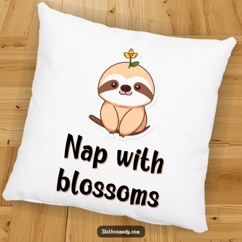 Funny Pillow decorated with a sloth adorned with a single, tiny flower blooming on its head, embodying natural sweetness and charm.