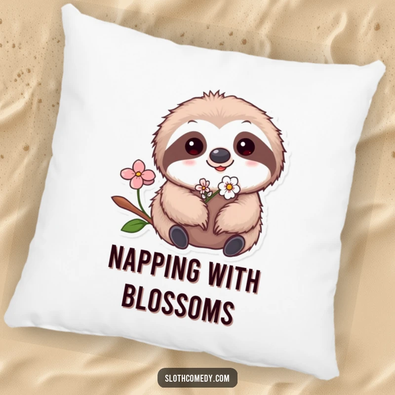Funny Kawaii Sloth Flower Pillow with a cute sloth and a tiny flower, offering comfort and humorous charm.
