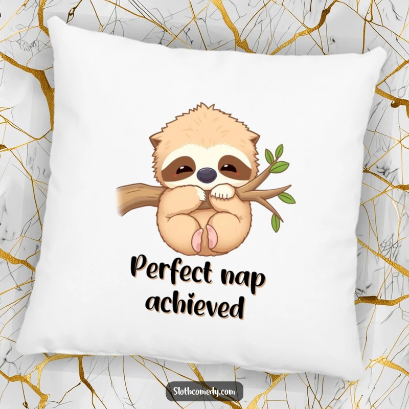 Funny Pillow: A plush cushion featuring a kawaii sloth hugging a branch contentedly, offering supreme comfort and coziness, a cute funny gift.