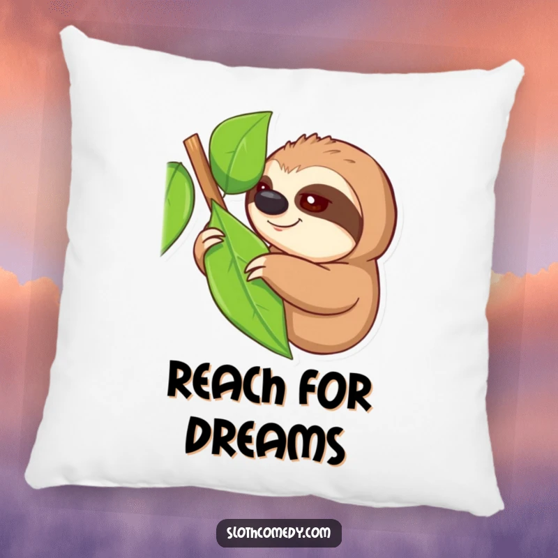 Funny pillow with a sloth slowly reaching for a leaf, perfect for comfort and adding gentle humor, a funny gift.