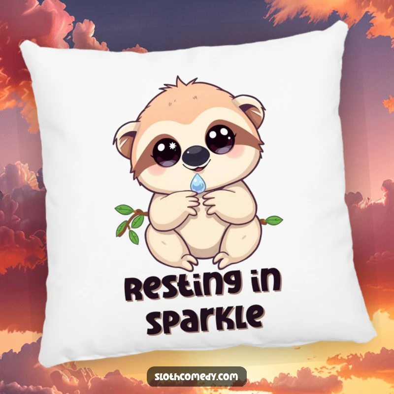 Soft pillow featuring a sloth with captivating, sparkling eyes, gently holding a single dewdrop, perfect for adding dreamy comfort.