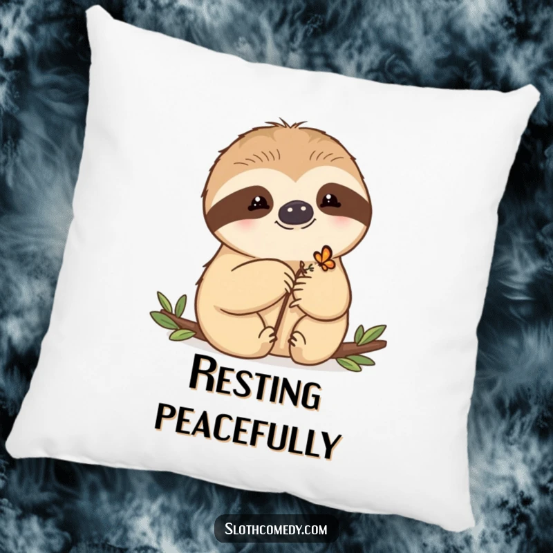 Funny Pillow with a kawaii sloth gently holding a tiny butterfly on its paw, offering comfort and a touch of natural sweetness.