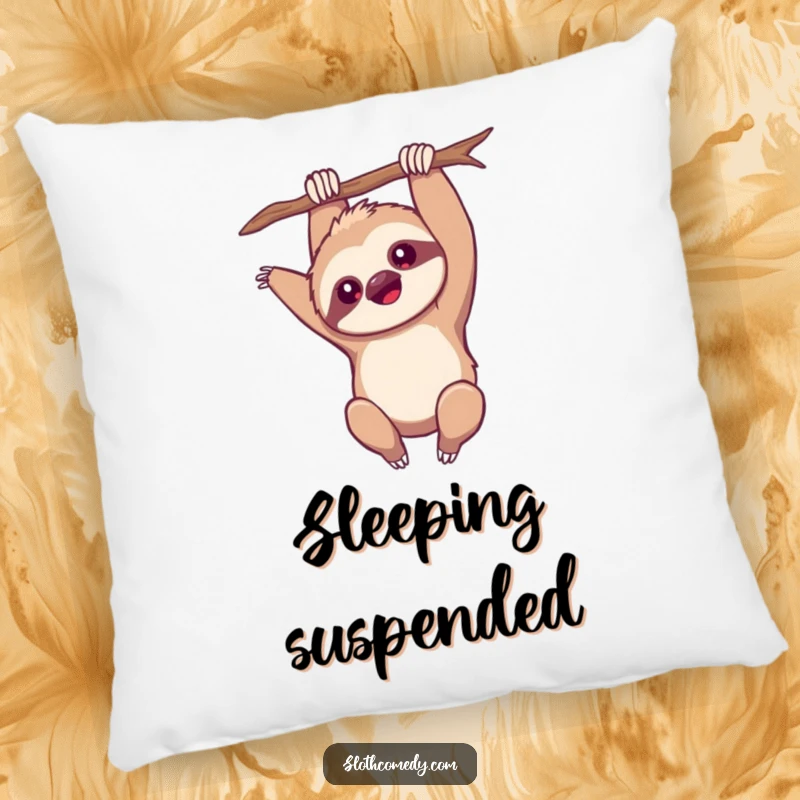 Funny Pillow: A plush cushion with a kawaii sloth hanging upside down, arm extended, offering comfort and humor, a cute funny gift.