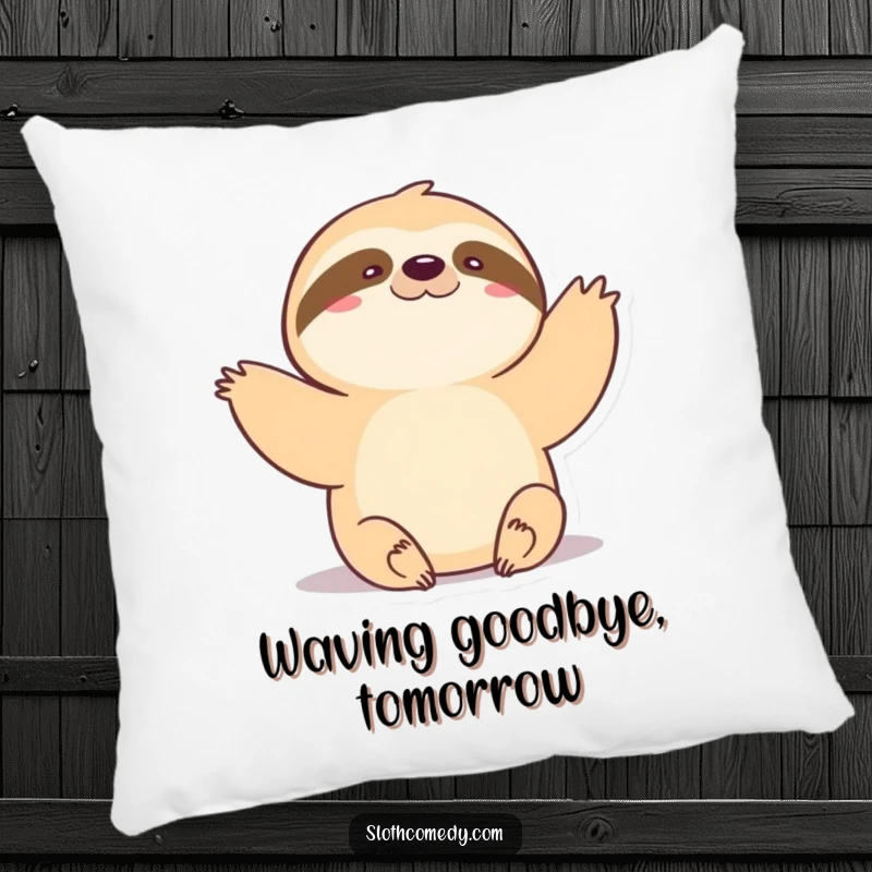 Funny Pillow: Cute kawaii sloth doing a very slow, gentle wave, offering comfort and a touch of calm sloth humor.