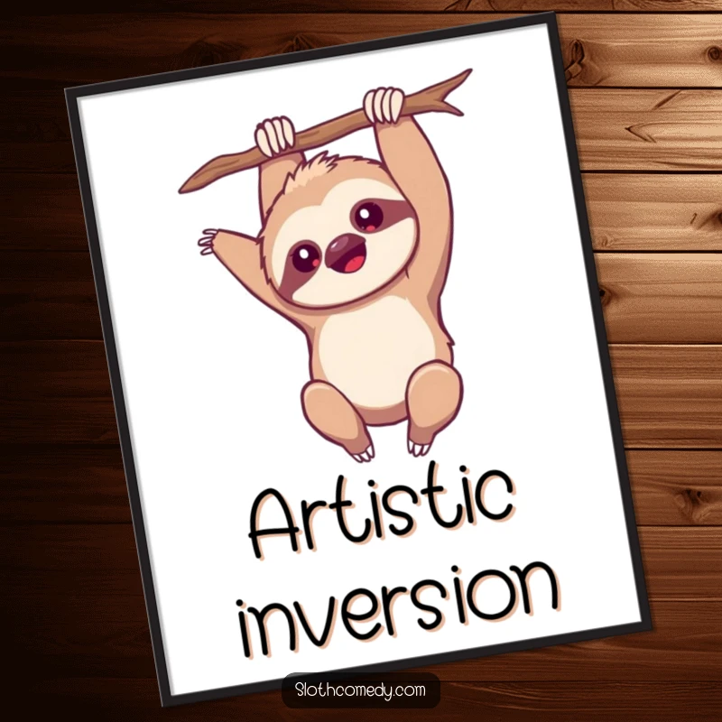 Funny Digital Art Print: A kawaii sloth hangs upside down with one arm extended, embodying playful fun, perfect for walls, a funny gift.