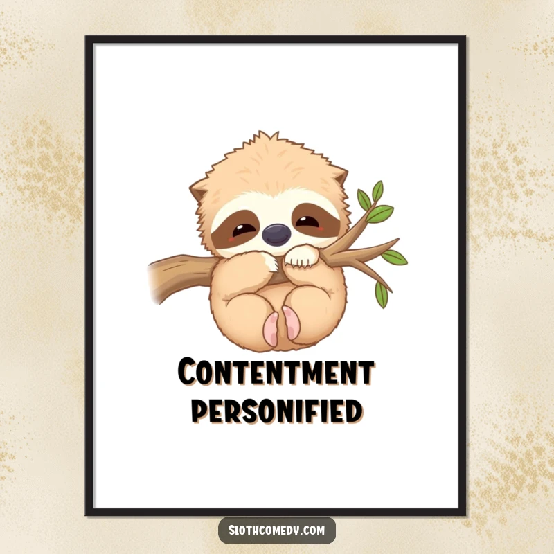 Funny Digital Art Print: A kawaii sloth hugs a fuzzy branch contentedly, embodying cozy comfort, perfect for instant wall decor, a funny gift.