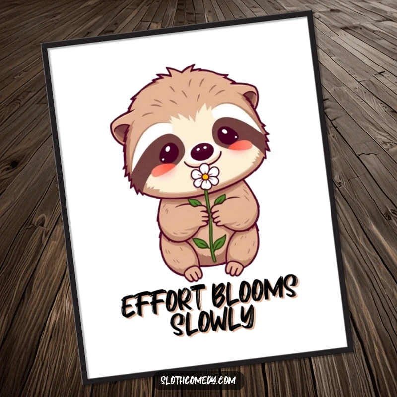 Funny Kawaii Sloth Digital Art: A high-resolution image of a sloth offering a flower with effort, perfect for humorous art.