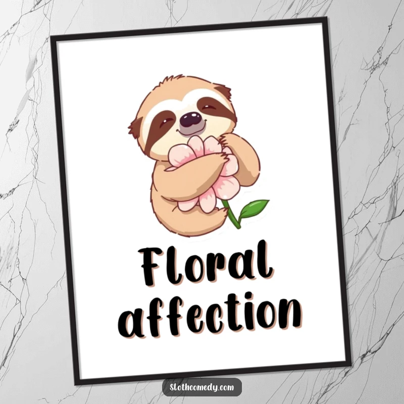 Funny Digital Art Print of a sloth slowly embracing a large flower with sheer delight, a piece of serene, humorous art.