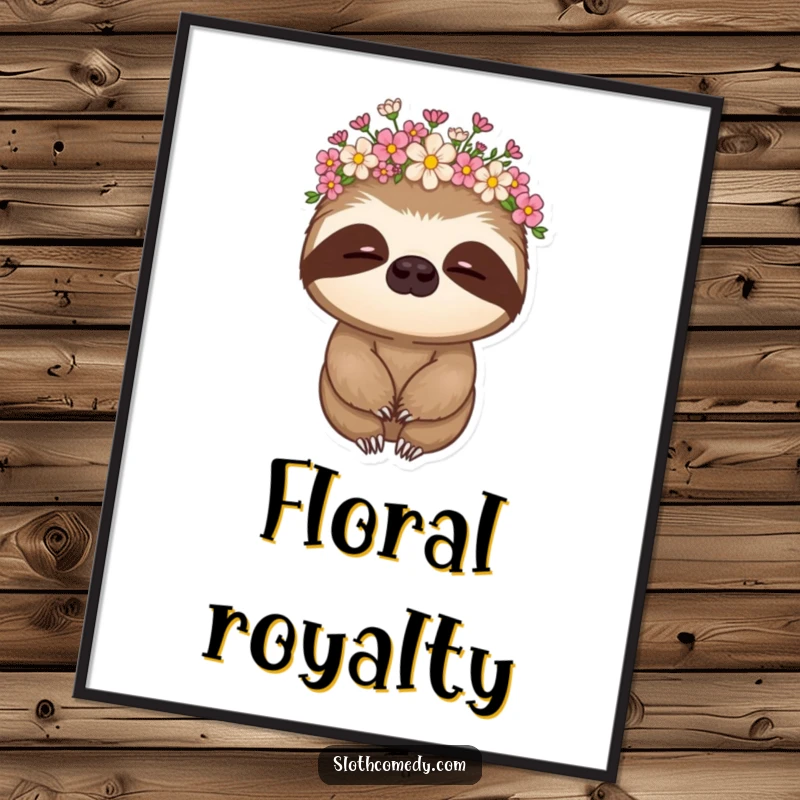 Funny sloth digital art print of a sloth in a flower crown, nodding slowly, bringing instant whimsical decor.