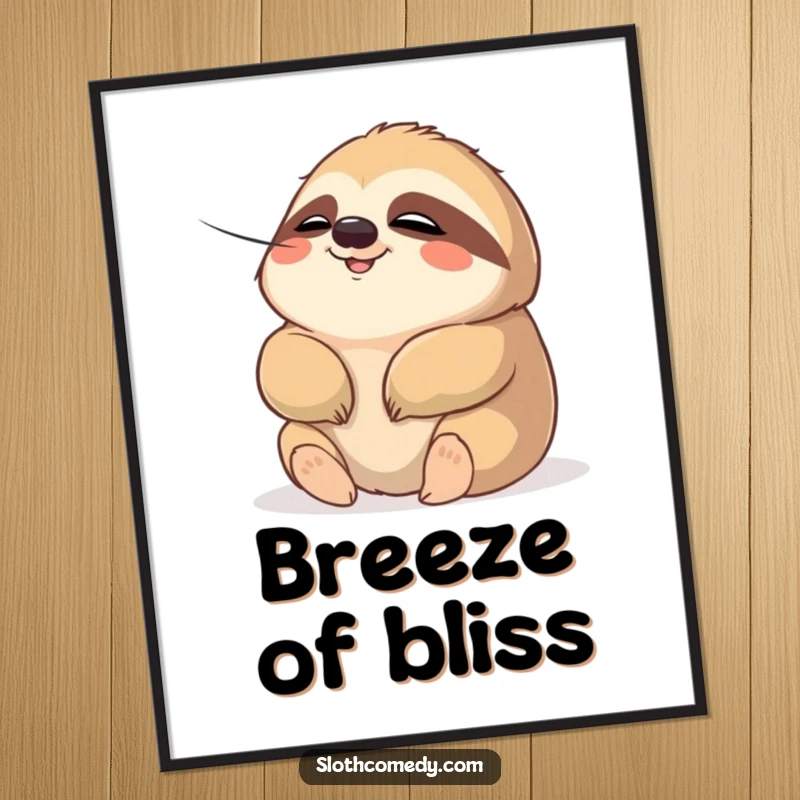 Funny digital art print of a chubby sloth character with a relaxed expression enjoying a gentle breeze, embodying humorous tranquility. Instant printable decor.
