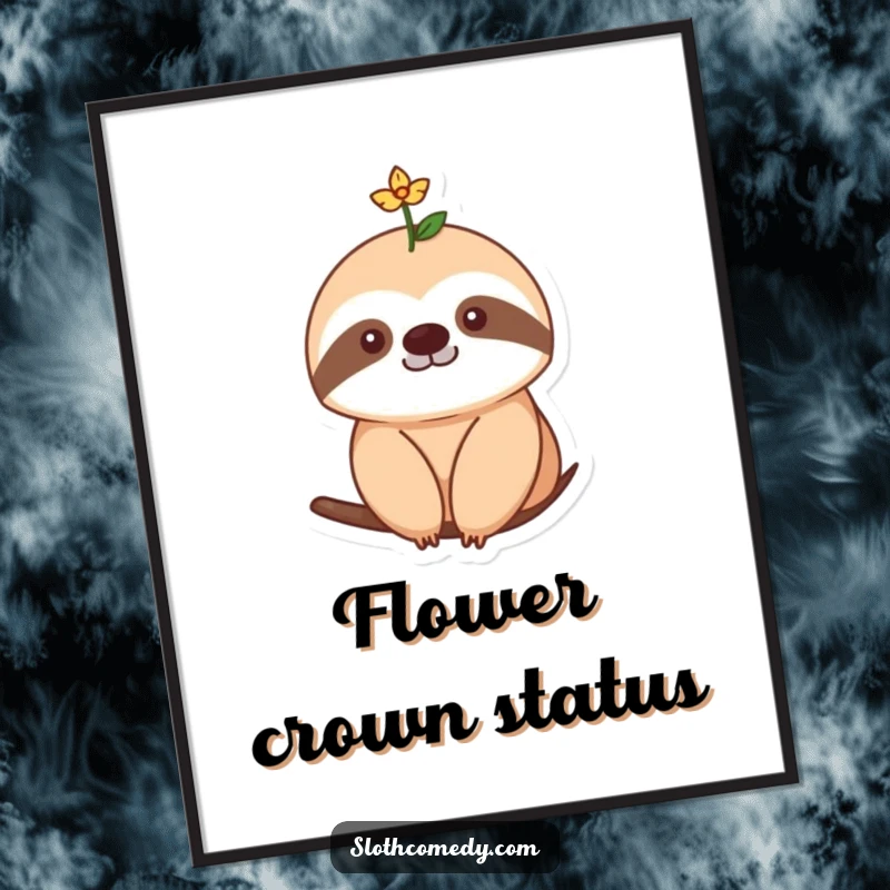 Funny Digital Art Print of a sloth with a single, tiny flower blooming on its head, embodying natural sweetness and whimsical artistry.