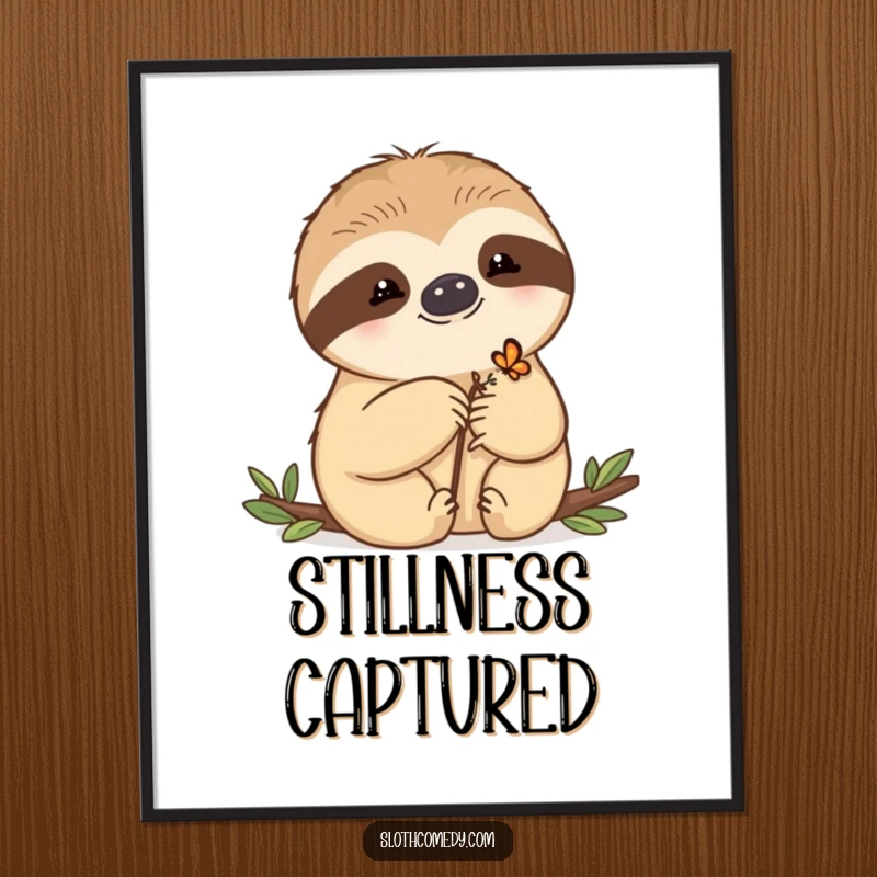 Funny Digital Art Print of a kawaii sloth gently letting a tiny butterfly rest on its paw, ideal for instant serene wall decor.