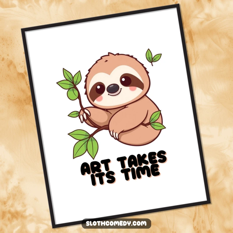 Funny Digital Art Print: Kawaii sloth with a smile slowly extending a branch, perfect for instant, humorous home decor.