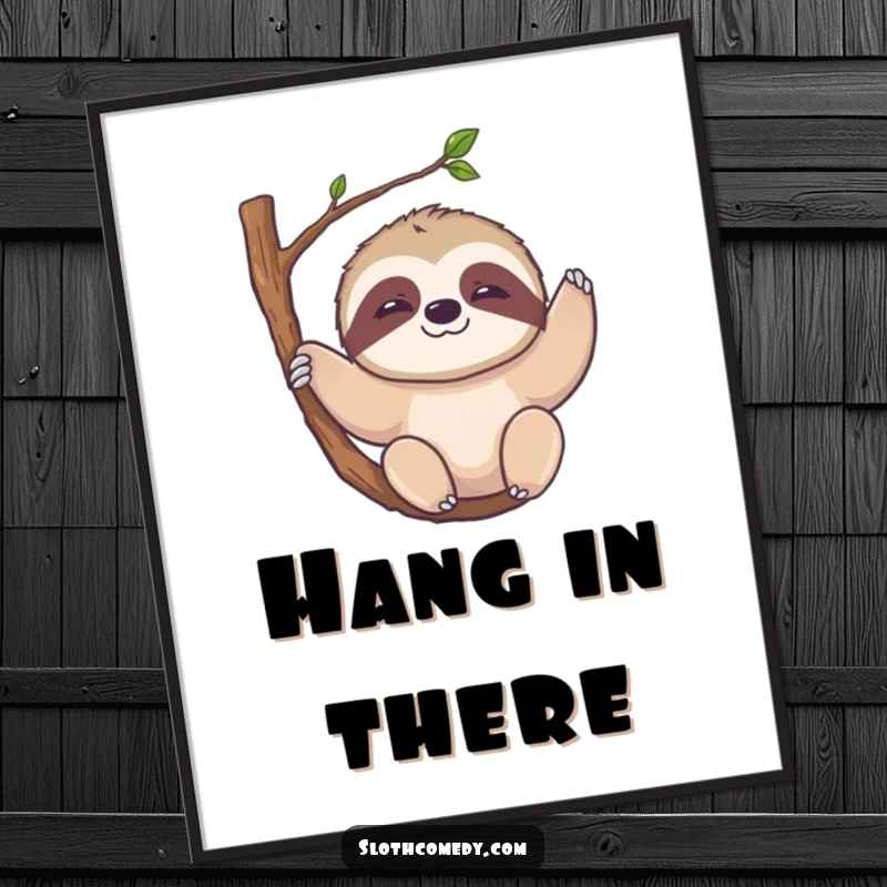 Funny Kawaii Sloth Digital Art Print: High-resolution artwork of a sloth with a slow smile hanging from a branch, perfect for digital display.