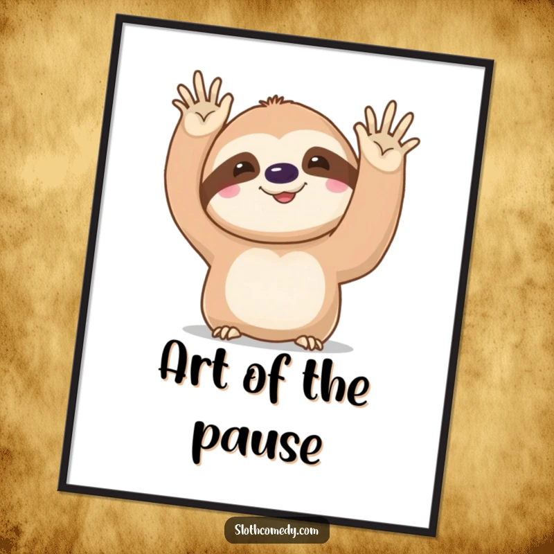 Funny kawaii sloth digital art print, featuring a cute sloth's slow, deliberate, funny wave, ready for immediate download and display.