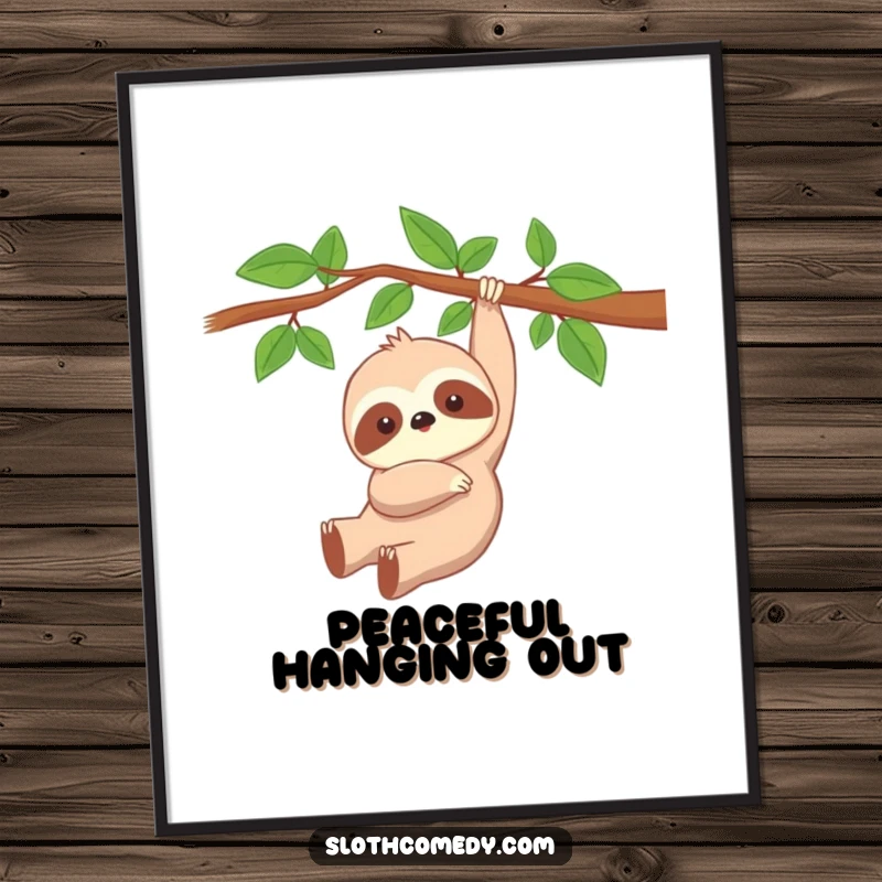 Funny Kawaii Sloth Digital Art Print of a cute, peacefully dangling sloth, ideal for instant humorous and calming decoration.