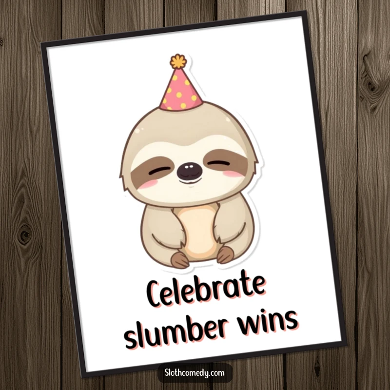 Funny kawaii sloth digital art print showing a sleepy sloth wearing a tiny party hat, perfect for instant festive decor.