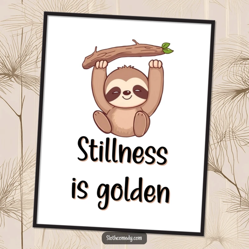 Funny kawaii sloth digital art print showing a slow-smiling sloth hanging from a branch, perfect for instant relaxation.