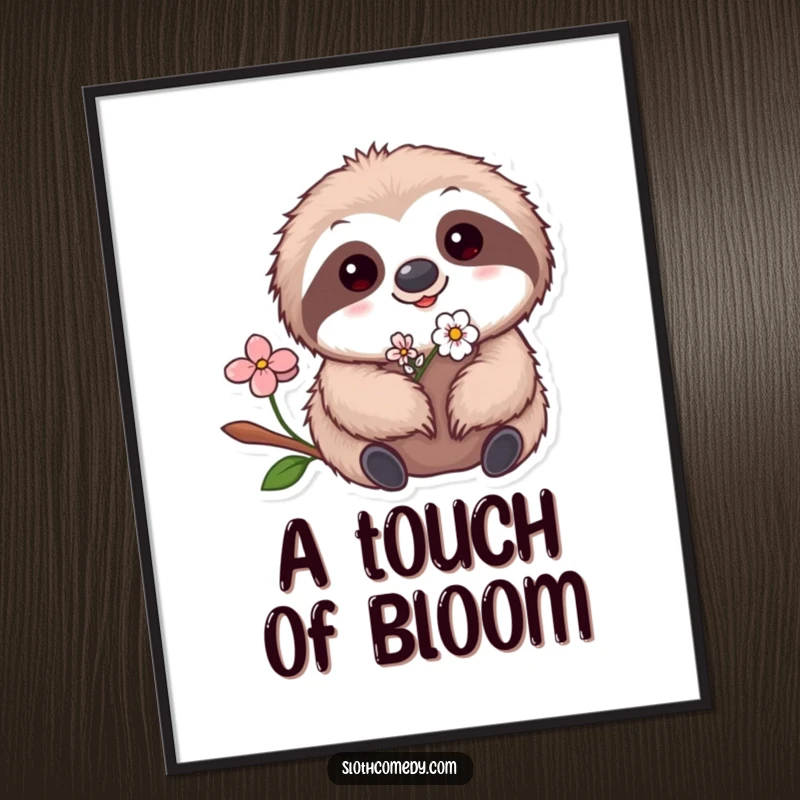 Funny Kawaii Sloth Flower Digital Art Print of a cute sloth with a tiny flower, ideal for instant humorous and charming decoration.