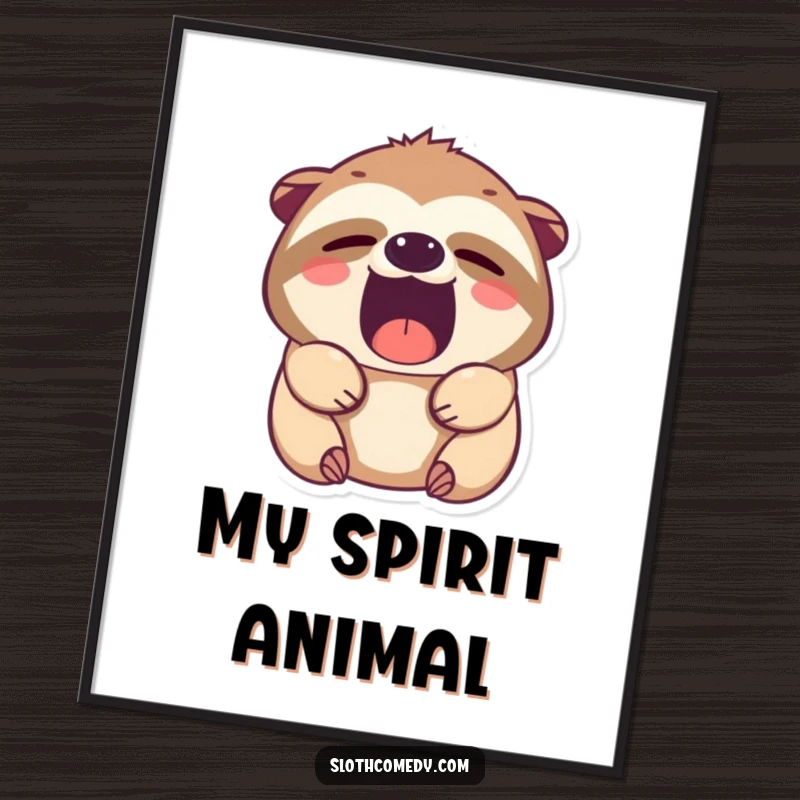 Funny Kawaii Sloth Yawning Digital Art Print, featuring a cute sloth with sleepy eyes in a wide, humorous yawn, perfect for instant wall decor.