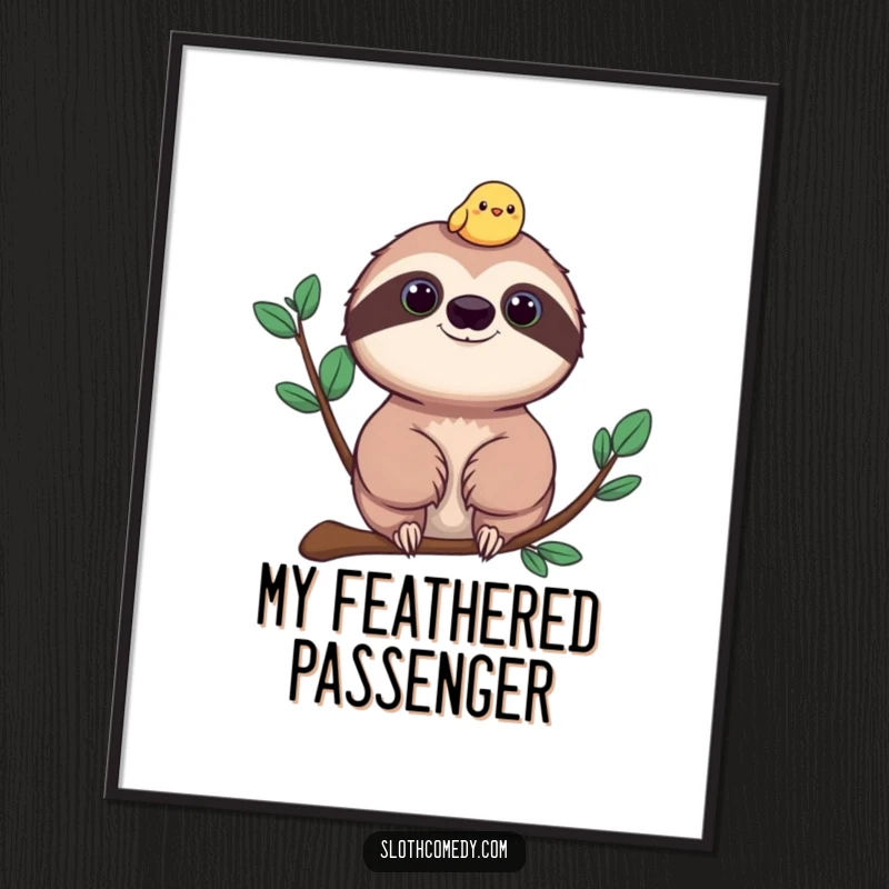 Funny sloth and bird digital art print, a heartwarming artwork depicting a sloth with a cheerful bird on its head.