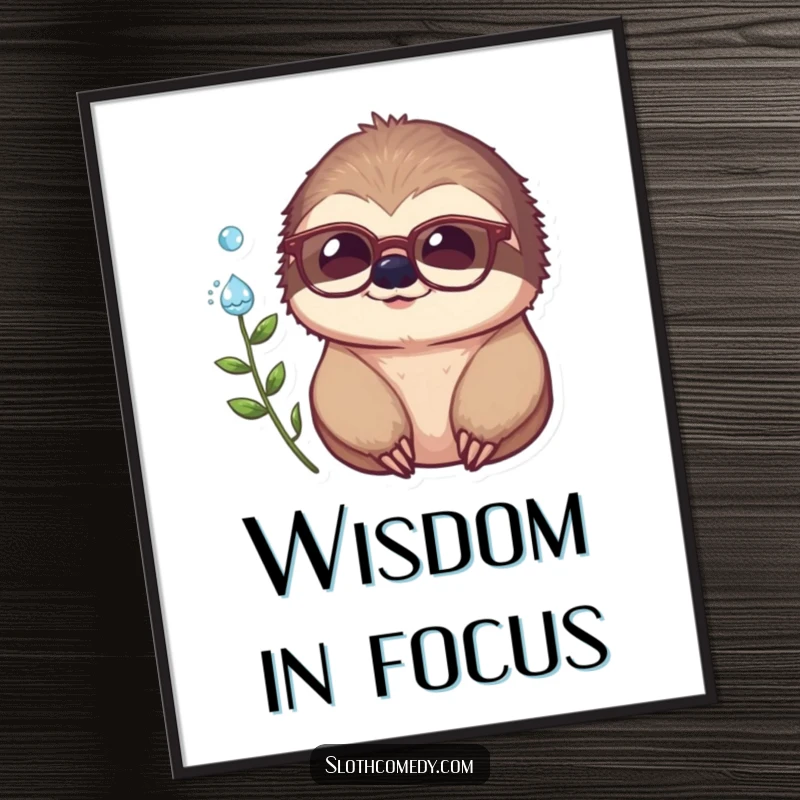 Funny digital art print of a sloth wearing eyeglasses, looking at a dewdrop, a humorous piece.