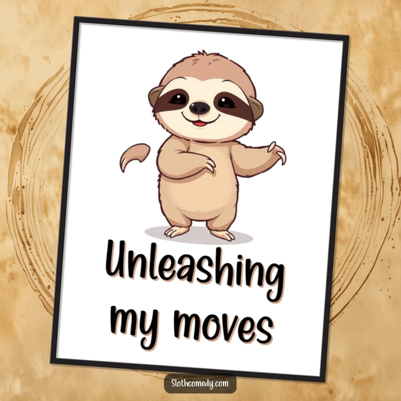 Funny digital art print of a sloth performing a slow, deliberate dance, ideal for humorous wall decor.