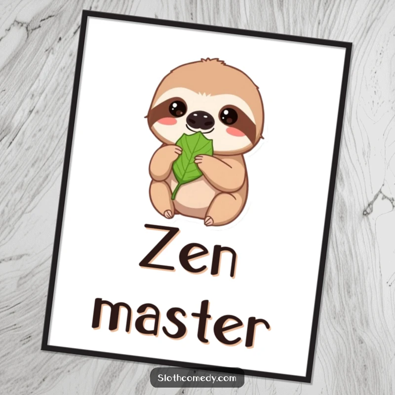 Funny sloth digital art print, a sweet sloth offers a leaf with extreme patience and a soft gaze, downloadable art.