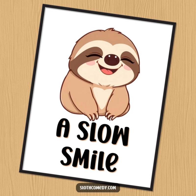Funny digital art featuring a sloth slowly blinking, then breaking into a wide, happy grin, perfect for instant, joyful wall decor.