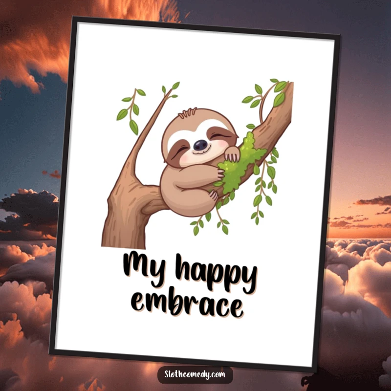 Funny sloth digital art print showing a content sloth hugging a mossy branch, creating a tranquil and natural scene.